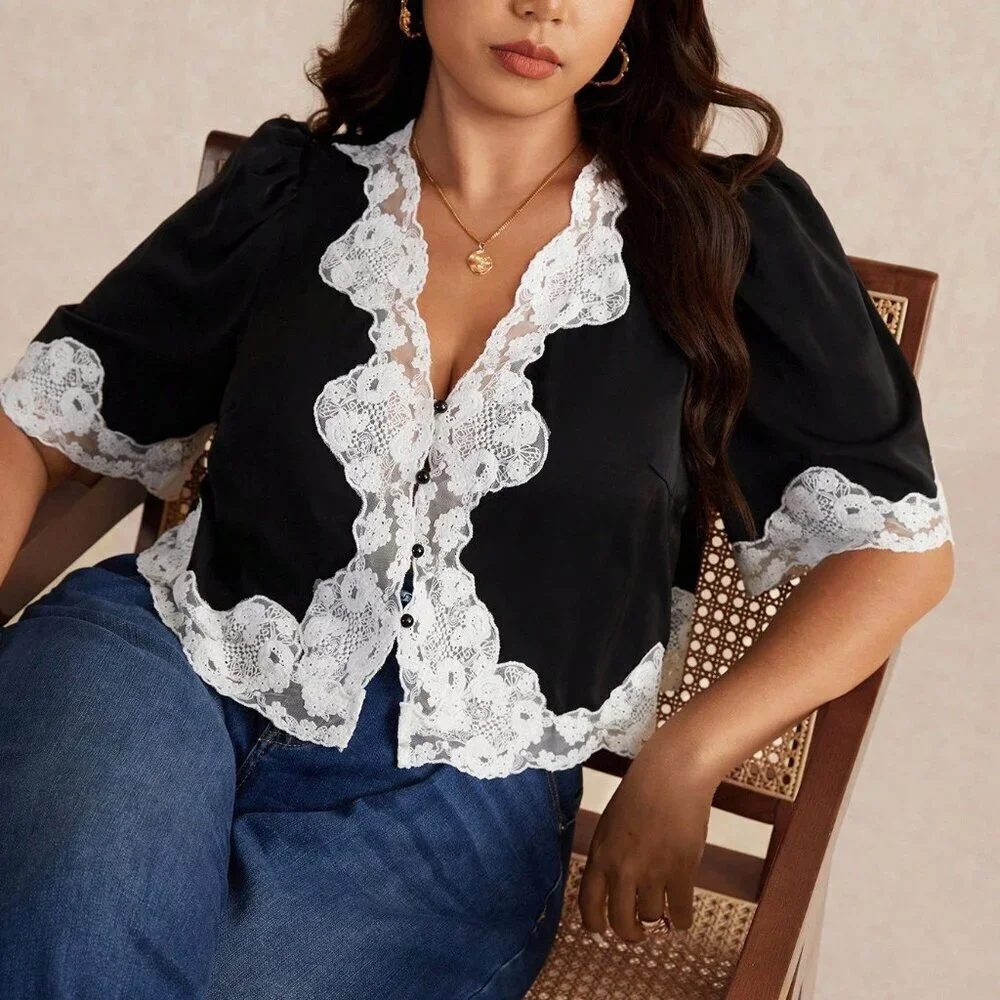 Plus Size boho Black Women's Lace Blouse with Puff Sleeves